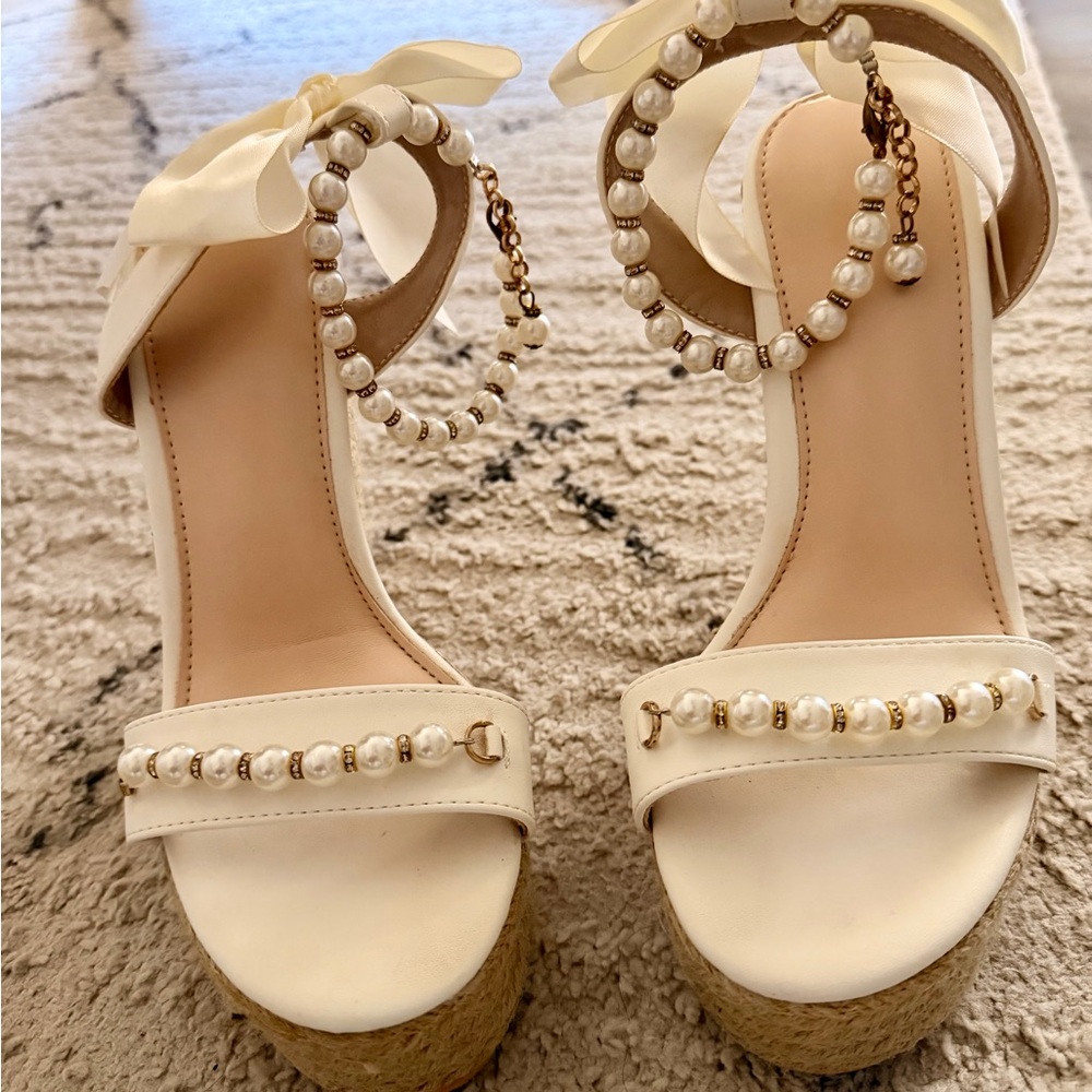 Women's Cream Pearl-Embellished Wedge Sandals